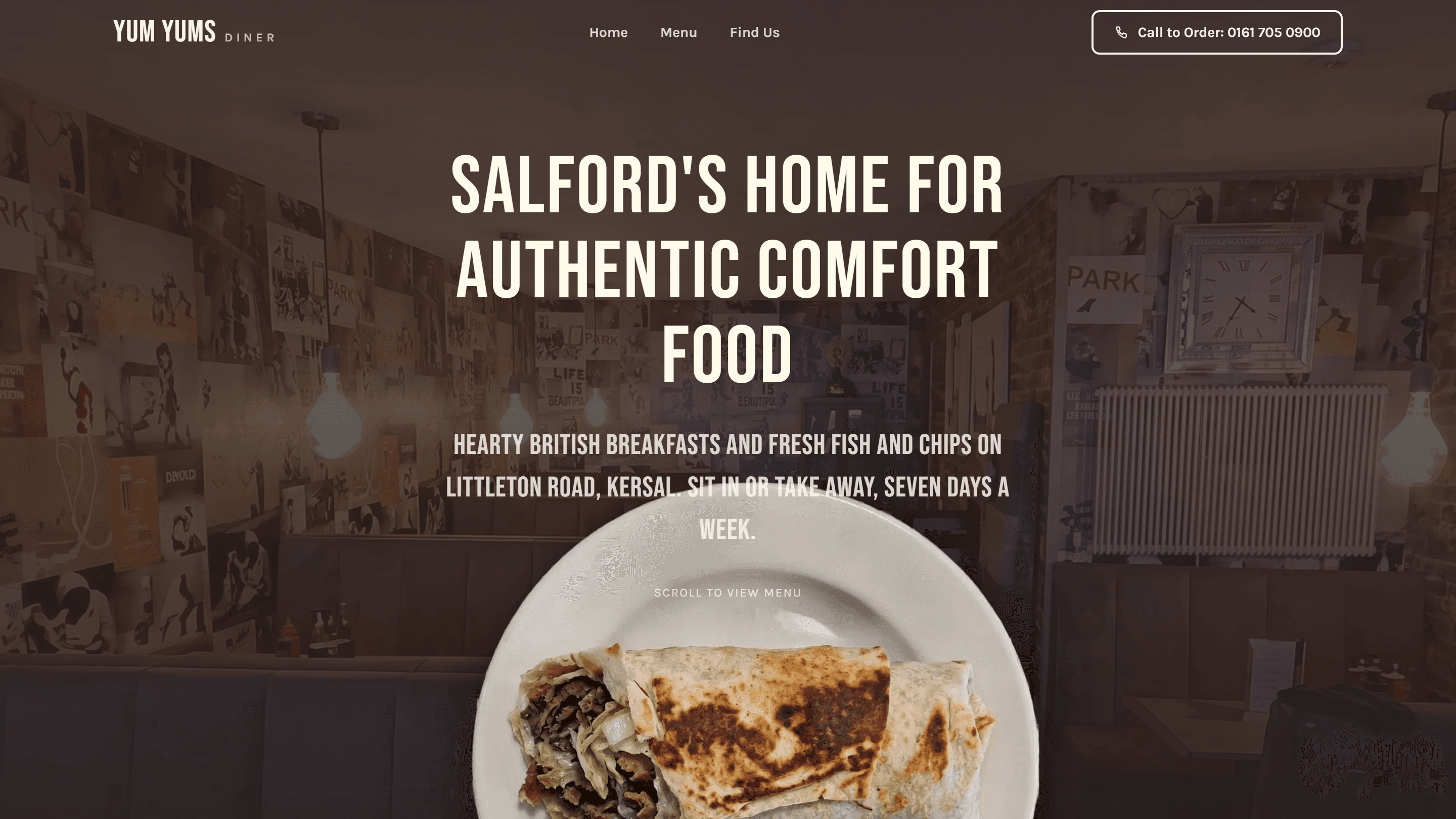 Home page of the Yum Yums Diner website: a bold headline over a warm photo of the diner's interior, with the signature doner wrap plated in the foreground.